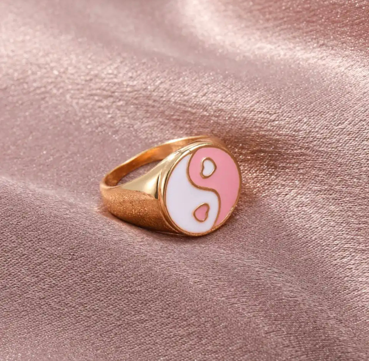 Pink yin /yang heart ring